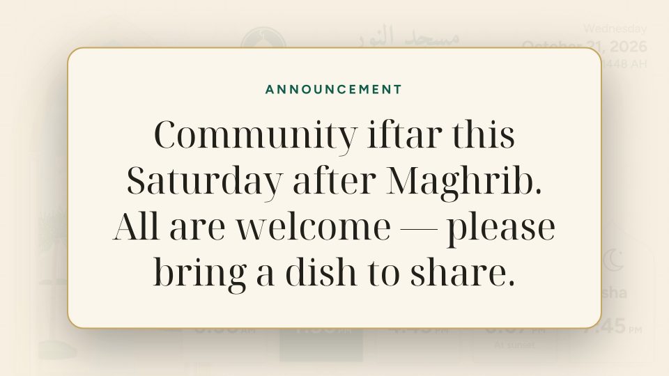An announcement card on the Cream Arches theme