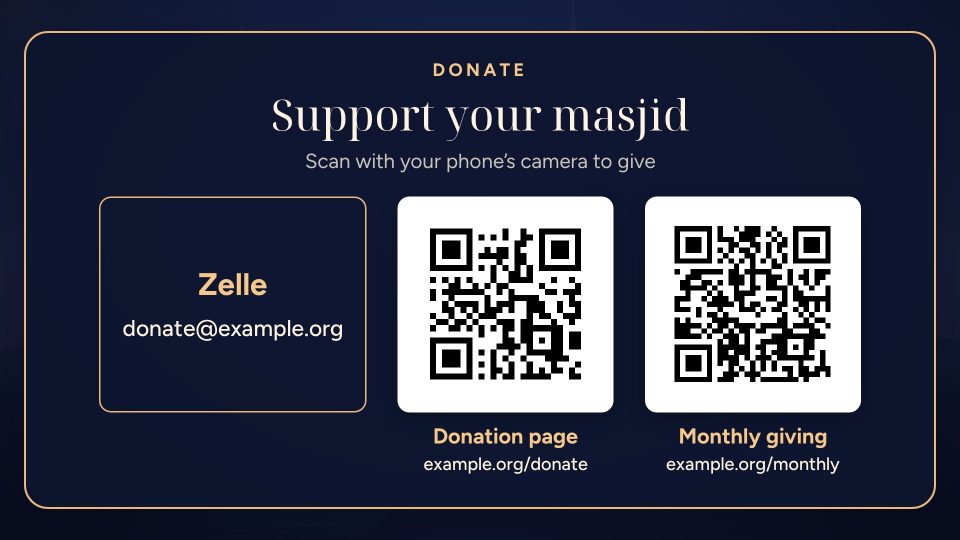 The donation card with a Zelle address and two QR codes